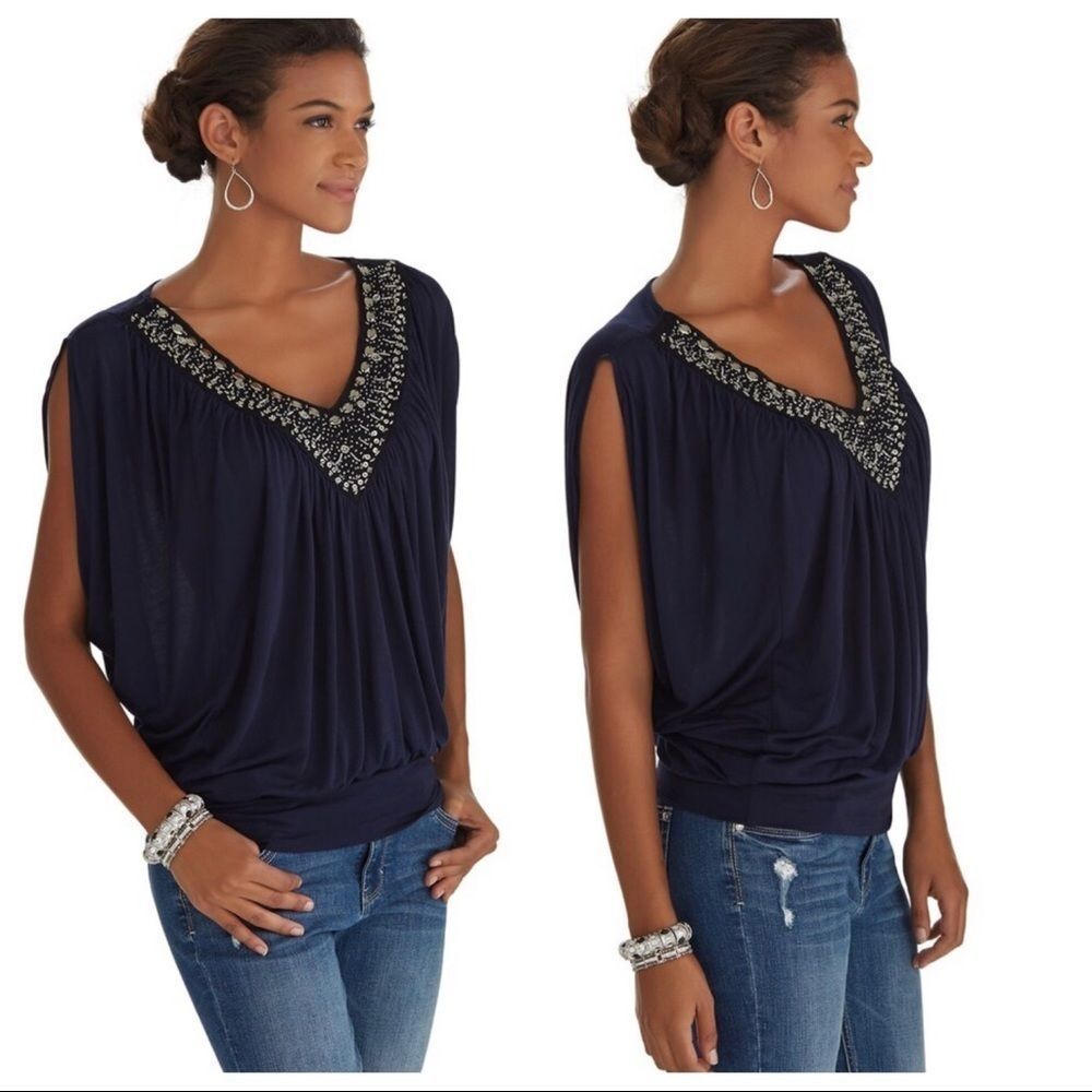 WHBM Navy Blue Embellished Neck Blouson Top Small